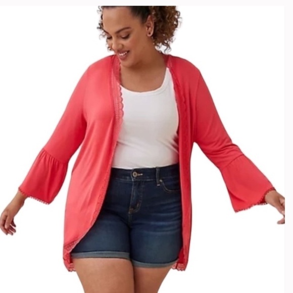 Torrid Super Soft Lace Trim Ruffle Sleeve Cardigan Teaberry 1X 14/16 New - Picture 1 of 12